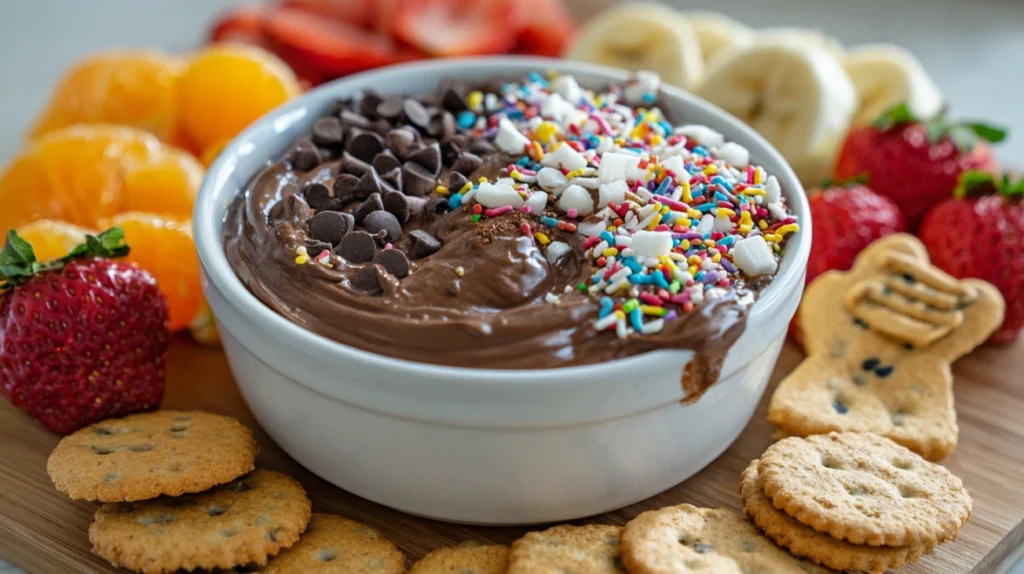 Chocolate Dunkaroo dip with sprinkles and dippers