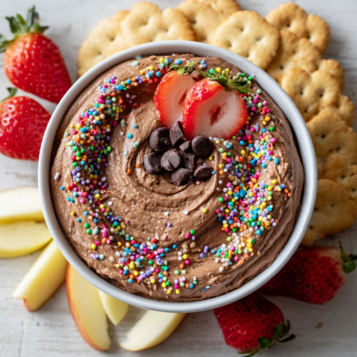 Chocolate Dunkaroo dip topped with sprinkles, chocolate chips, and strawberries