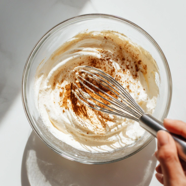 Mixing yogurt and protein powder for Chocolate Dunkaroo Dip