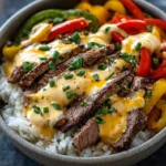 Grilled steak rice bowl with melted cheese and bell peppers