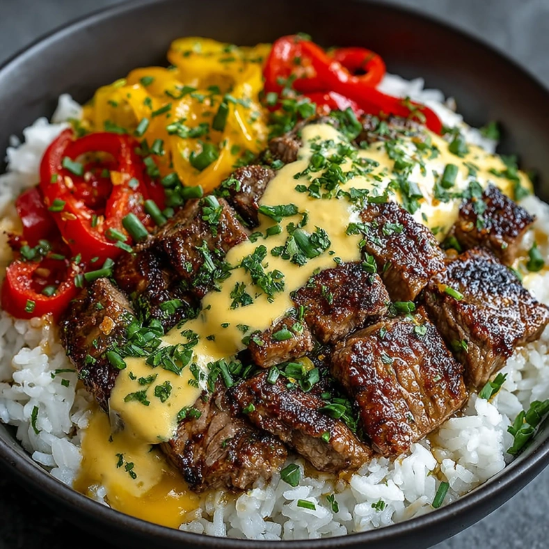 Philly cheesesteak rice bowl with sliced steak, peppers, and melted cheese