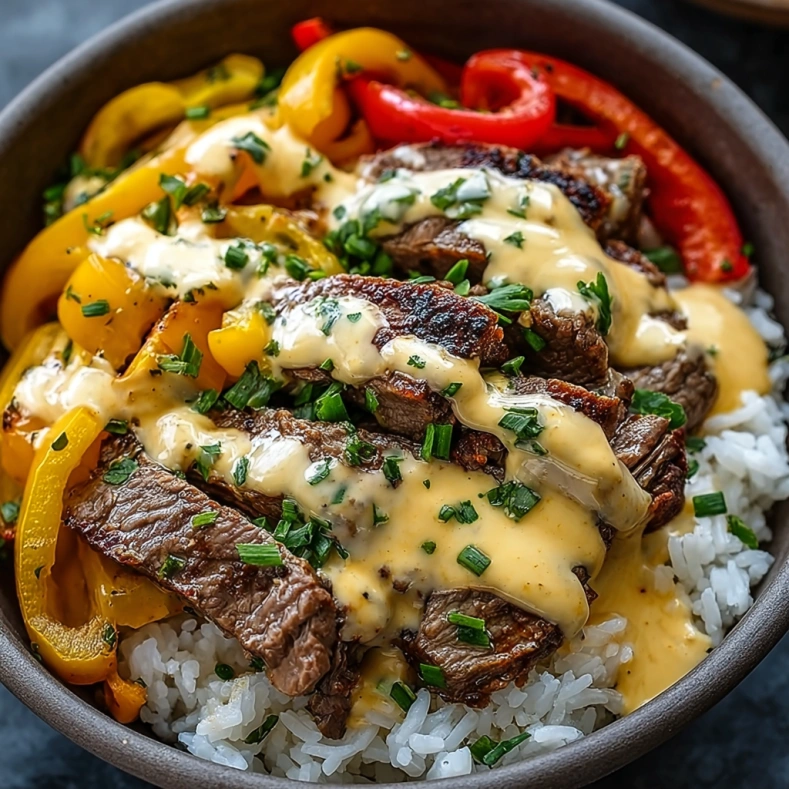 Philly Cheesesteak Rice Bowl served with melted cheese